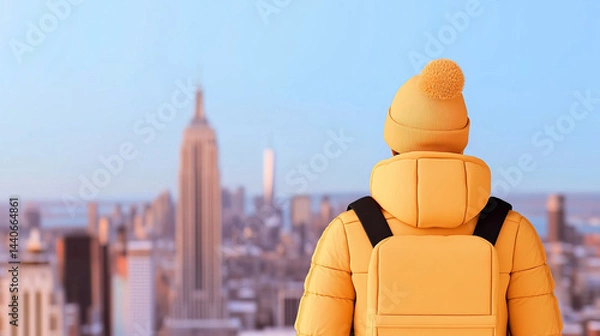 Obraz Person yellow winter jacket and hat stands overlooking city skyline, featuring tall buildings and clear blue sky