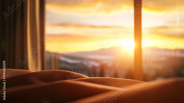 Obraz Cozy bedroom scene with soft bedding and stunning sunset view through large windows, creating warm and inviting atmosphere
