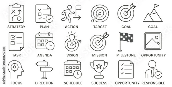 Fototapeta Creative icons representing strategic planning, targets, goals, and opportunities used in project management and team collaboration