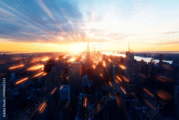 Obraz Vibrant cityscape showcasing sunset over skyscrapers, illuminated by dynamic light streaks, evokes sense of energy