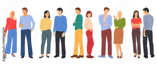 Fototapeta Group of young men and women, profile, different colors, cartoon character, silhouettes of stand business people, students, design concept of flat icon, isolated on white background