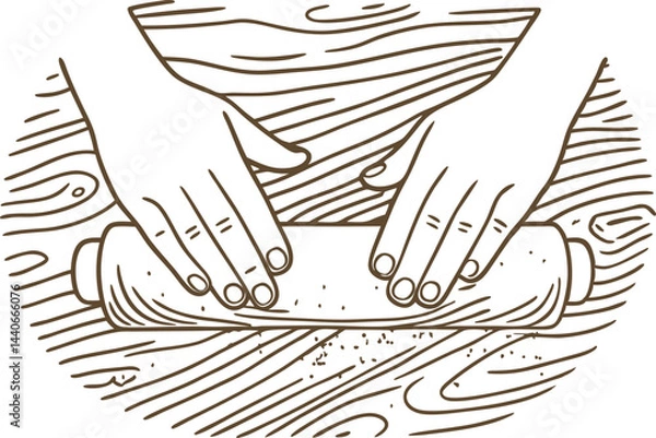 Obraz hands rolling dough with pin on wooden surface baking preparation in kitchen, handcrafted pastry making