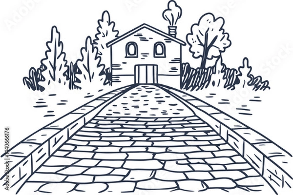 Obraz Illustration of countryside house on cobblestone path with trees and smoke chimney