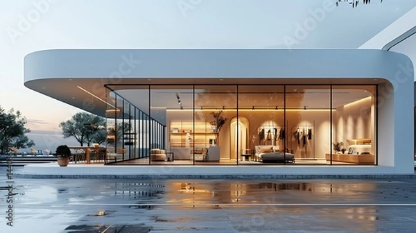 Fototapeta Modern boutique storefront featuring floor-to-ceiling windows and a minimalist interior design, showcasing curated fashion displays 