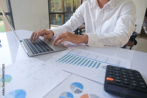 Obraz Professional businessman using computer laptop analyzing financial graphs investment marketing data.