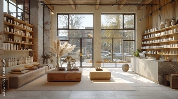 Fototapeta Modern boutique storefront featuring floor-to-ceiling windows and a minimalist interior design, with neutral tones and clean lines 
