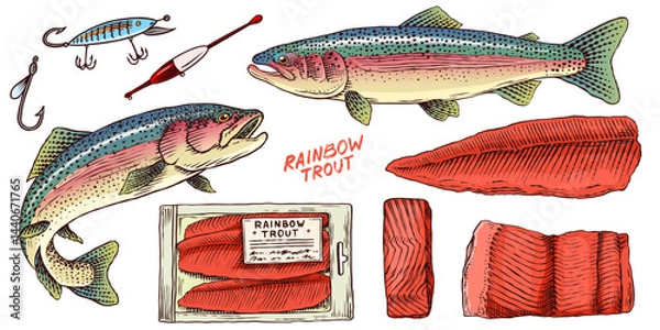 Obraz Rainbow trout collection with fish package and chunk of meat.River fishing elements and filet, salmon or other sea food fishing tackle and hook, bobber 