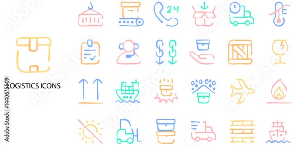 Fototapeta Logistic concept 24 color icons set. Contain such  chain, value chain, logistic, delivery, manufacturing, commerce etc. Vector illustration.