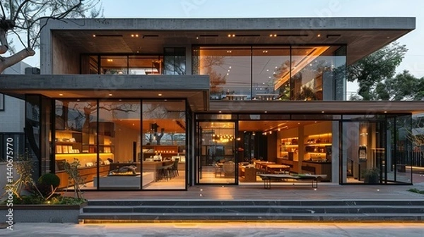 Fototapeta Modern boutique storefront featuring floor-to-ceiling windows and a minimalist interior design, at dusk with warm interior lights 