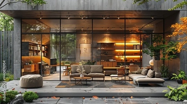 Fototapeta Modern boutique storefront featuring floor-to-ceiling windows and a minimalist interior design, framed by greenery and sleek signage 