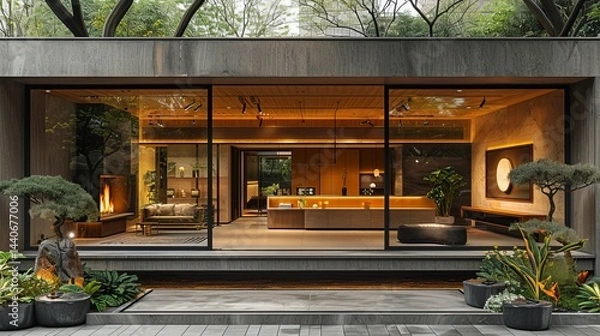 Fototapeta Modern boutique storefront featuring floor-to-ceiling windows and a minimalist interior design, framed by greenery and sleek signage 