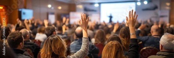 Obraz Attendees raise hands in a conference hall
