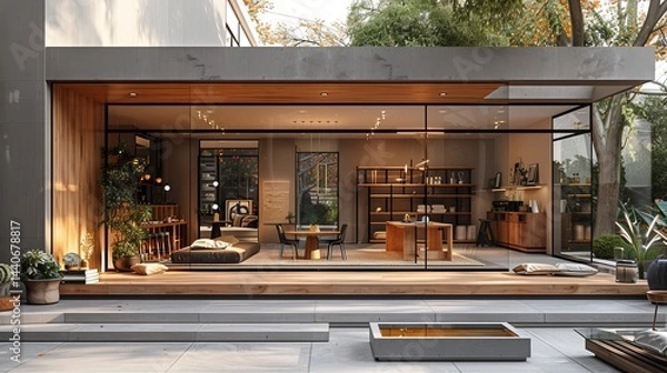 Fototapeta Modern boutique storefront featuring floor-to-ceiling windows and a minimalist interior design, bathed in soft morning light 
