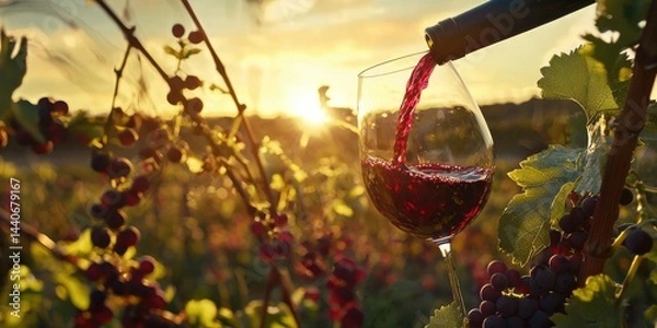 Fototapeta A vineyard scene with a glass of red wine being poured.