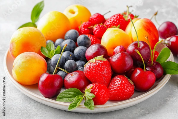 Obraz Ripe fruits and berries in a plate on a light background