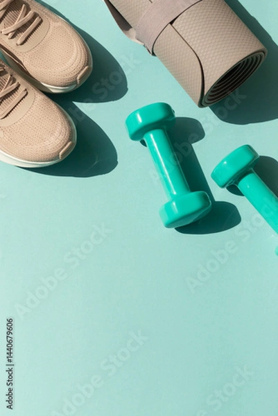 Obraz Sport or workout concept flat lay with blue dumbbells, sneakers, yoga mat on the blue teal background. Copy space