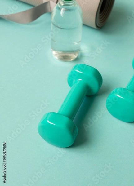 Obraz Sport or workout concept flat lay with blue dumbbells, yoga mat on the blue teal background. Close up