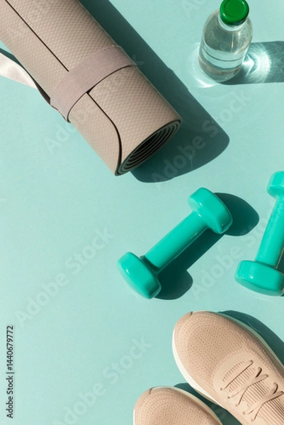 Obraz Sport or workout concept flat lay with blue dumbbells, sneakers, yoga mat on the blue teal background. Copy space