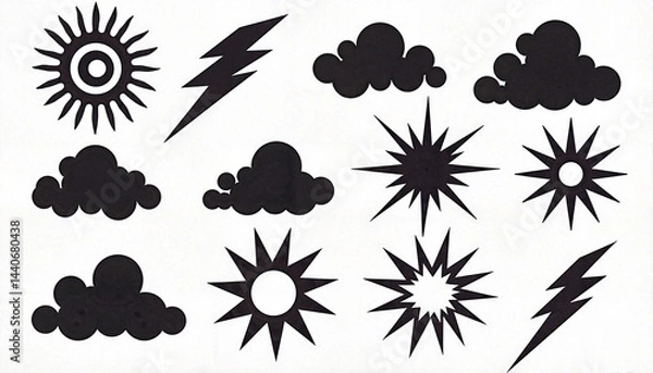 Fototapeta Comic graphic elements featuring lightning bolts and clouds, creative design