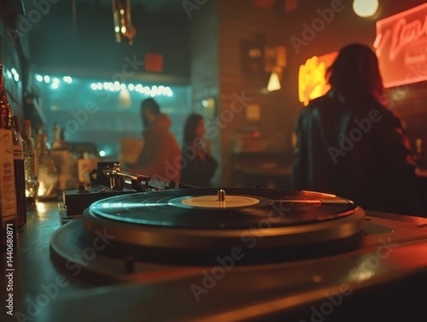 Obraz Close-up of a vinyl record spinning on a record player in a music bar, people immersed in shared listening experience