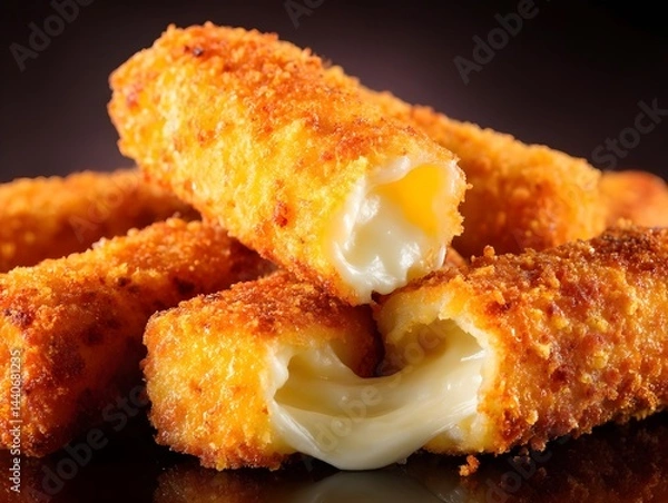 Obraz Golden Cheese Sticks: Close-up shot of irresistible, crispy cheese sticks with golden brown exterior and oozing, melty cheese. These deep-fried delights promise pure, cheesy satisfaction.