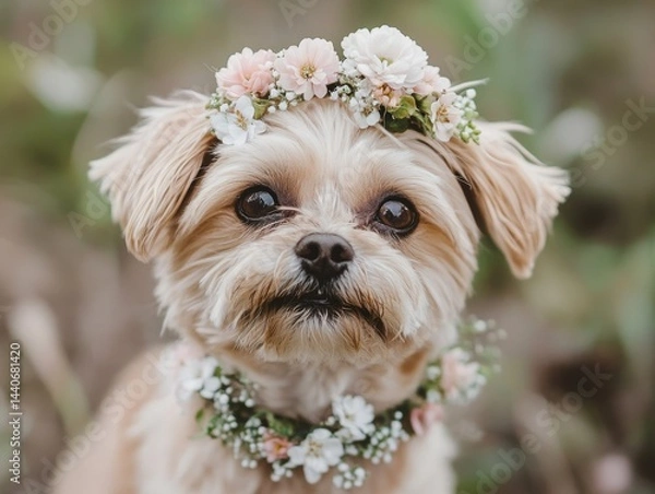 Obraz Dog wearing floral collar with miniature blooms at wedding, playful and carefree celebration atmosphere