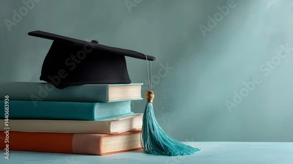 Obraz Graduation Cap on Books: A black graduation cap with a teal tassel rests atop a stack of books, symbolizing academic achievement and the pursuit of knowledge.