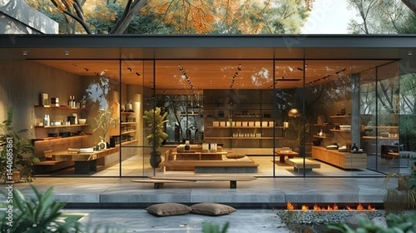 Fototapeta Modern boutique storefront featuring floor-to-ceiling windows and a minimalist interior design, with open space and natural textures 