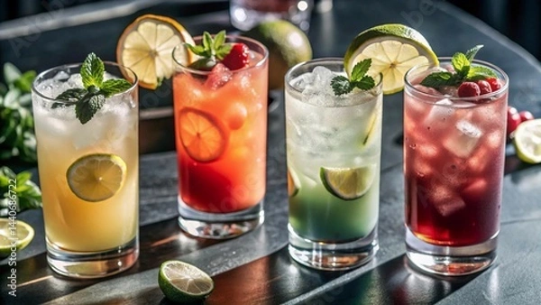Fototapeta Colorful Cuba Libre, Long Island, Mojito, Paloma, Tequila Sunrise, and Screwdriver cocktails in PNG set