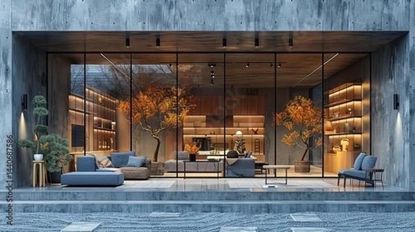 Fototapeta Modern boutique storefront featuring floor-to-ceiling windows and a minimalist interior design, set on a stylish city street 