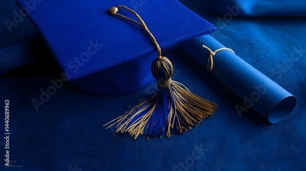 Obraz Blue Graduation Cap and Diploma: A still life image of a blue graduation cap and diploma,  symbolizing the culmination of academic achievements. The cap is adorned with a gold tassel.  