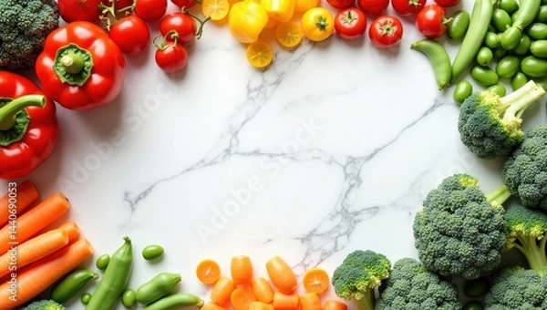 Fototapeta Fresh Bounty: A Colorful Array of Vegetables Arranged on a Marble Surface, Ideal for Health, Wellness, and Culinary-Themed Projects.