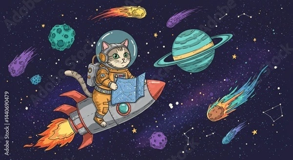 Fototapeta Cat astronaut exploring space with cosmic scenery  