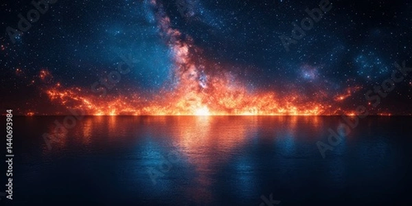Fototapeta Stunning cosmic view of a vibrant sunset over calm waters with glowing skies and distant stars