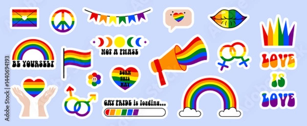 Obraz LGBT stickers set on blue background. Pride month badges. Vector illustrations