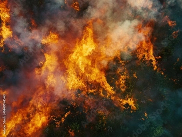 Fototapeta Aerial View of Intense Wildfire Burning Through Forest Canopy Creating Dramatic Smoke and Flames Displaying Destruction and Environmental Impact From Above