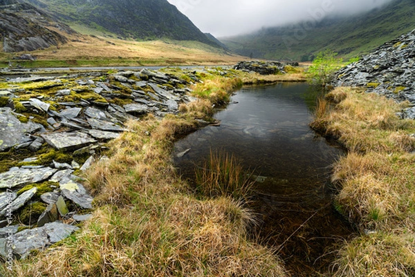 Fototapeta Eryri Snowdonia national park North Wales llyn Cwmorthin lake and old slate quarry