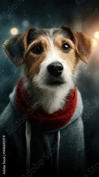 Fototapeta Dog in cozy sweater with scarf during snowy evening outside, showcasing gentle expression and playful demeanor