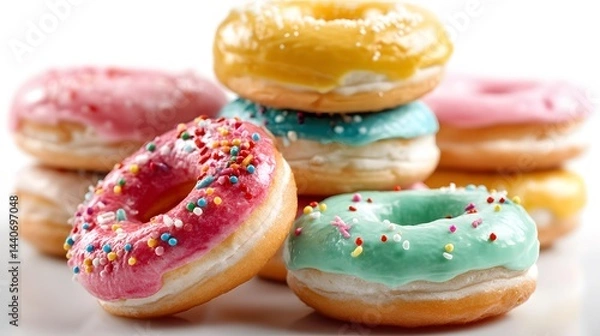 Fototapeta A close up of colorful donuts stacked and arranged on a white surface with sprinkles on top