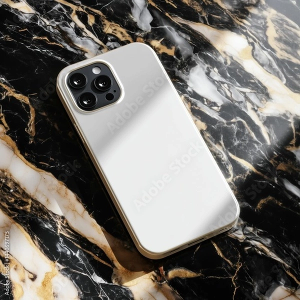 Obraz mobile case mockup Luxury Marble Smartphone Case with Elegant Black, White, and Gold Textures – Photorealistic Product Presentation, Ai generate