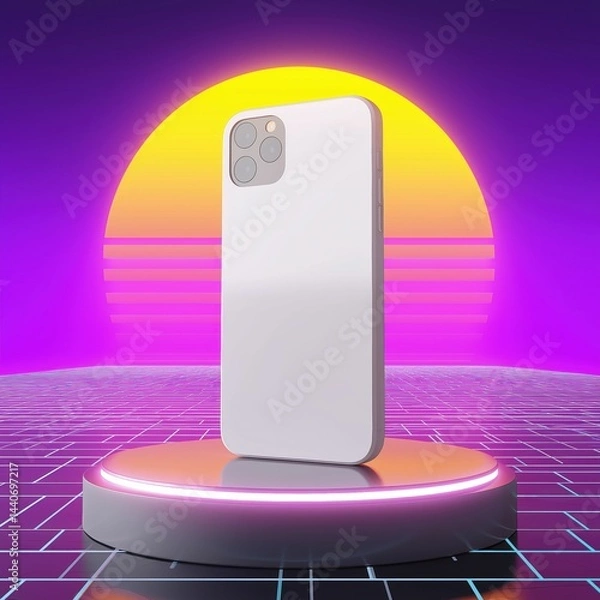 Obraz mobile case mockup Retro 80s Vaporwave Smartphone Case Mockup – Nostalgic Photorealistic Product Presentation, Ai generate..