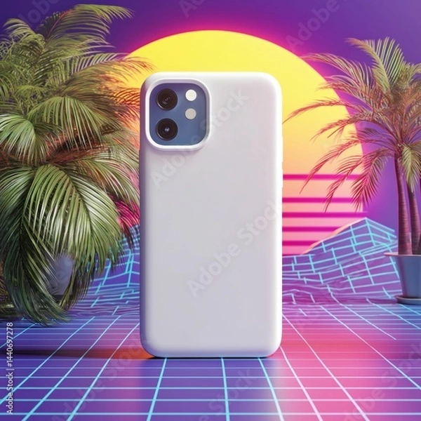 Obraz mobile case mockup Retro 80s Vaporwave Smartphone Case Mockup – Nostalgic Photorealistic Product Presentation, Ai generate..