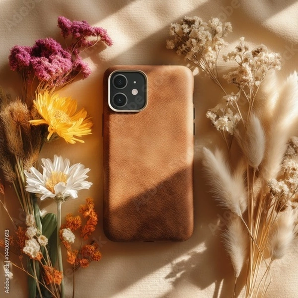 Obraz mobile case mockup Boho Spirit Smartphone Case Mockup – Rustic Photorealistic Product Presentation, Ai generate