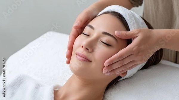 Obraz Relaxing facial treatment for young woman at chuemons spa tranquil setting wellness experience rejuvenation