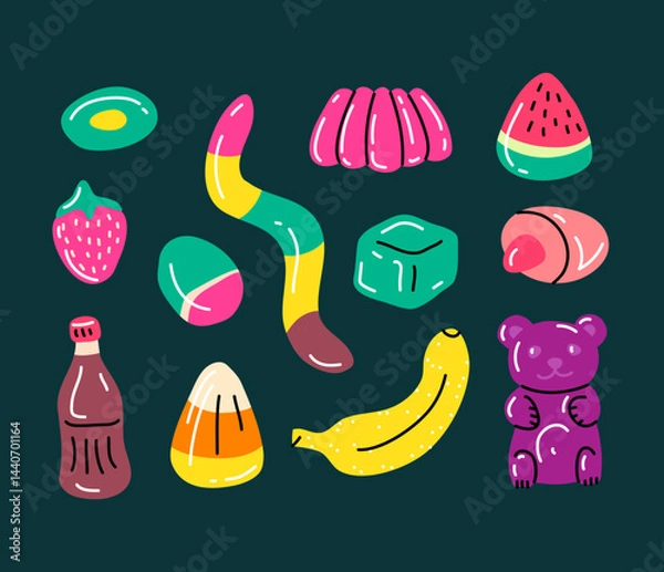 Fototapeta Cartoon Color Different Types Gummy Jelly Candy Icon Set Flat Design Style Concept. Vector illustration of Gum Dessert