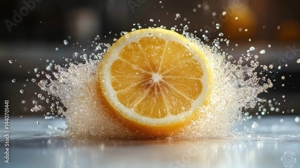Obraz Sliced lemon with water splash on a reflective surface against blurry background.