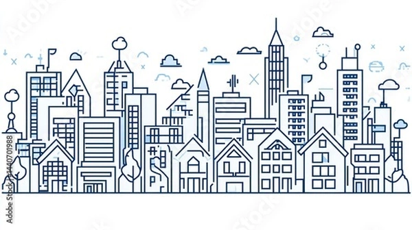 Fototapeta Line art city skyline, modern architecture, simple illustration, background use