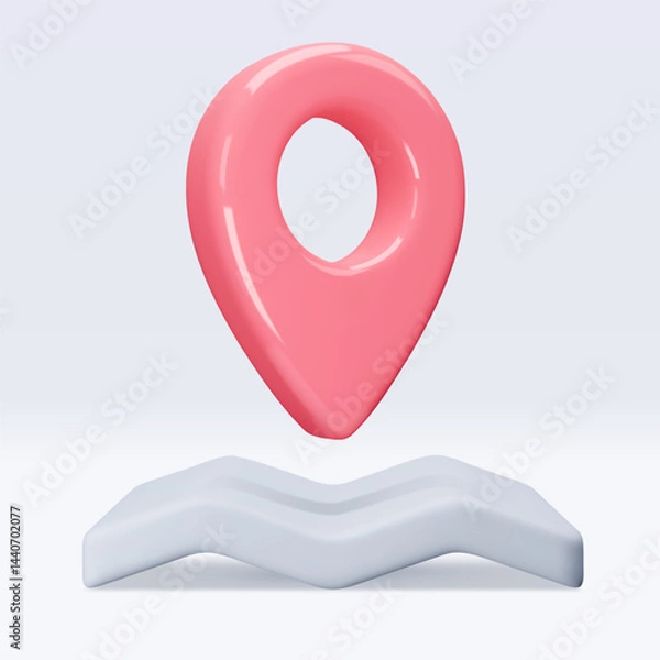 Obraz Red location pointer om map, placemark, marker of map, navigation pin sign. 3d GPS icon with shadow. Sign for searching on map direction. Vector render illustration isolated on white background