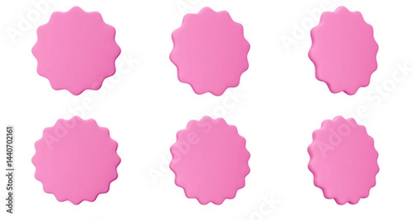 Obraz Set pink stickers, badge mockup. Blank labels of circle shapes with wavy edge. Vector illustration isolated on white. Copy space. Patches for preview tags, labels, design, presentation, adv
