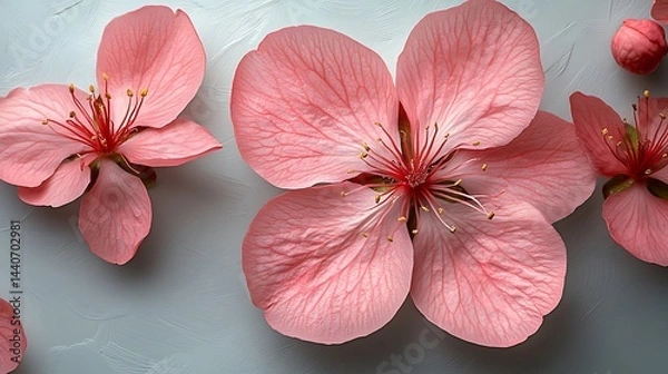 Fototapeta Delicate pink blossoms arranged on a light gray surface.
